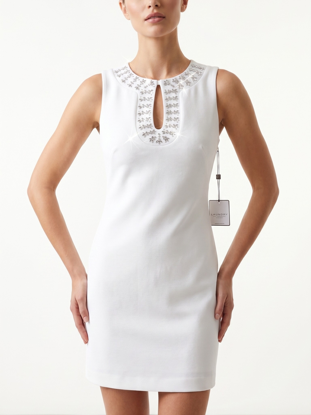 Laundry By Shelli Segal White Sleeveless Embellished Keyhole Mini Dress NWT-